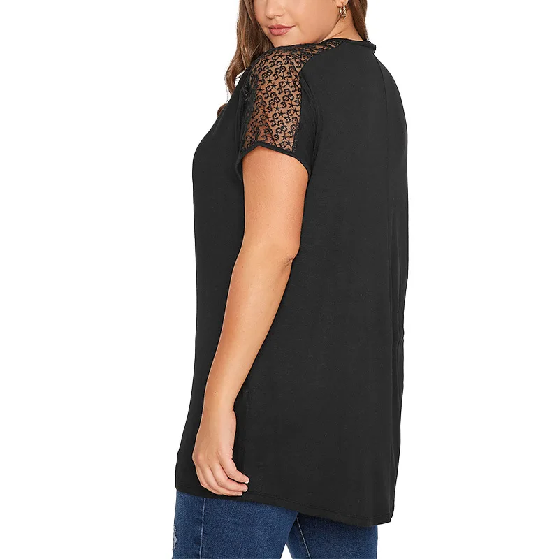 Plus Size Women's Fashion Zipper Patchwork Lace Pullover T-Shirt Spring Summer Round Neck Loose Short Sleeve Casual Black Tops