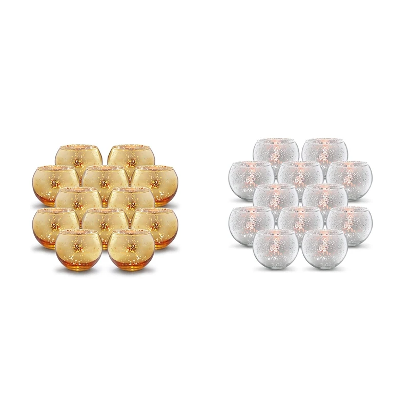 Round Golden Wishing Candle Holder Mercury Glass Candle Holder 12-Piece Set