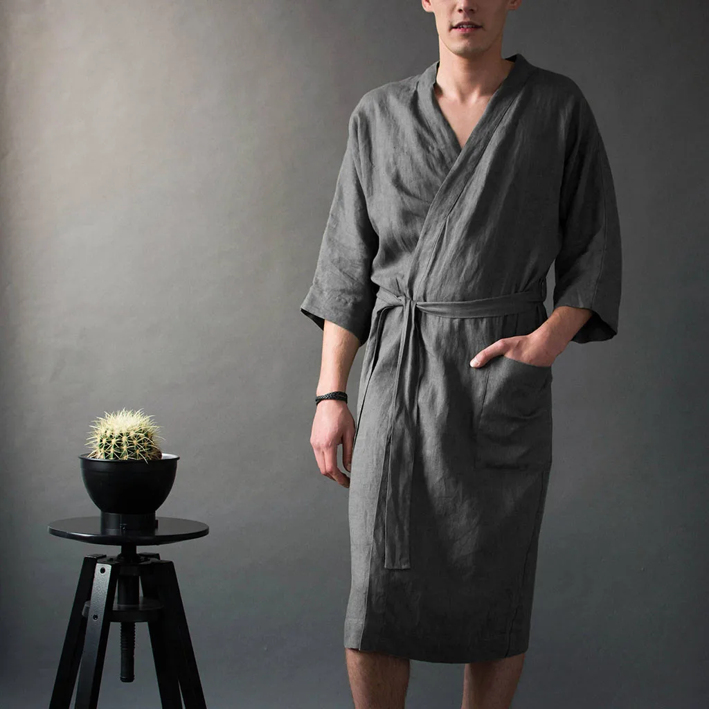 Mens Robe Long Solid Color Linen Nightgown Bathrobe Men Kimono Spring Summer Lace-up Long Robe