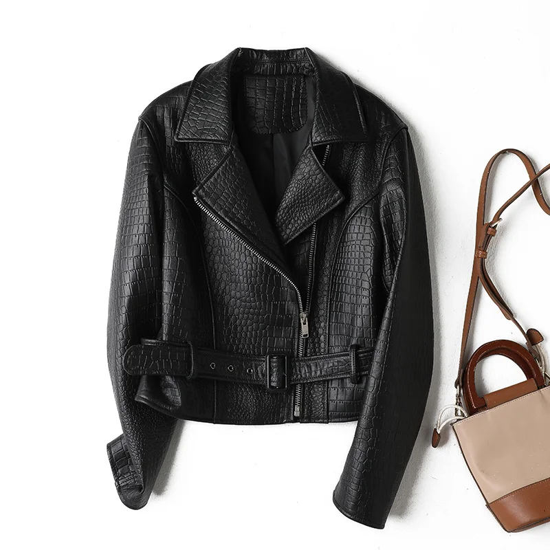 

Genuine Leather 2023 Spring and Autumn New Sheepskin Embossed Small Fashion Loose Motorcycle Leather Jacket Women's