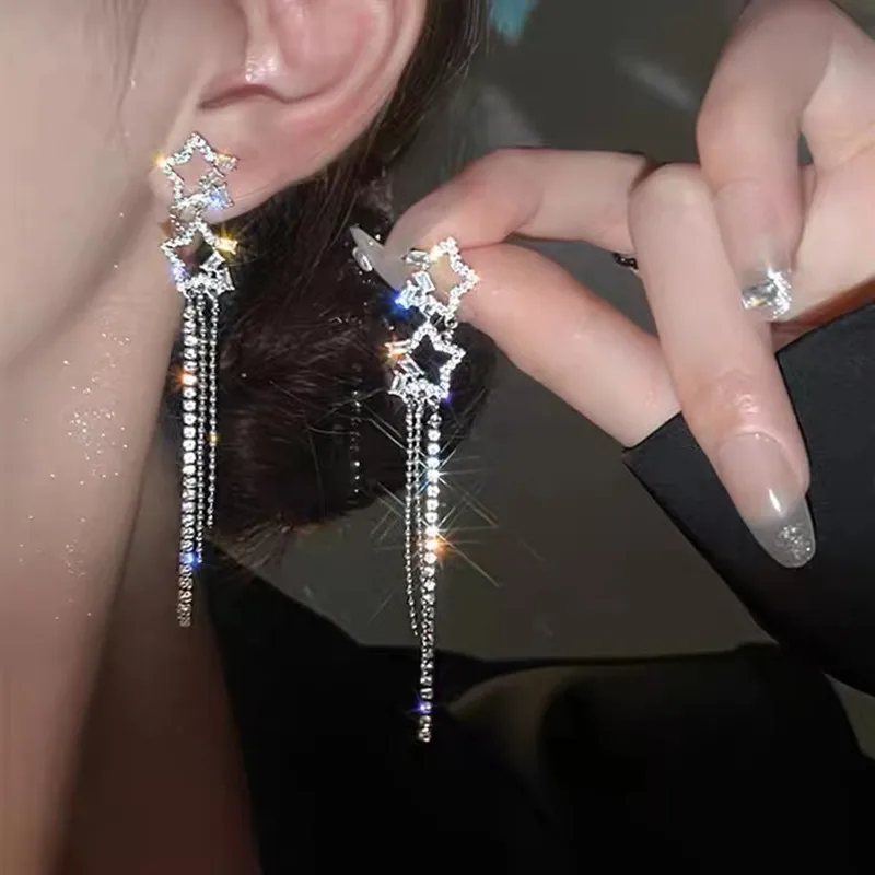 

New Silver Colour Star Long Tassel Earrings Personality Fashion Shiny Earrings For Woman Wedding Jewelry Birthday Gifts