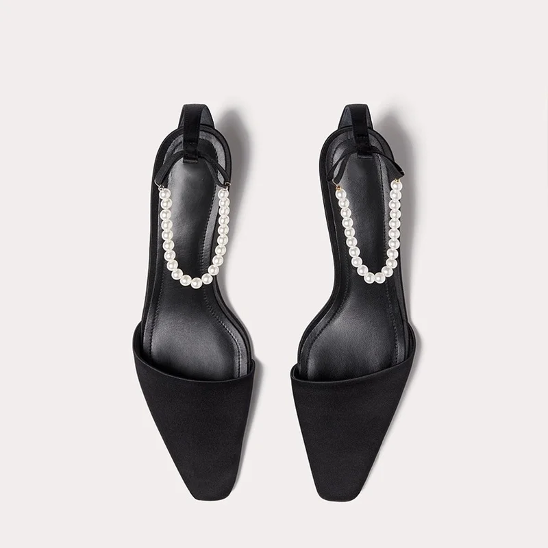 

Women's Wedding Satin Half-covered Toe Sandals Low Heels Summer Pearl Straps Slingback Shoes Female Elegant Pointed Toe Sandals