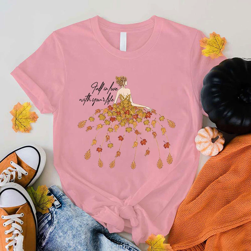 

(Premium T-shirt)Funny Fall In Love With Your Life Print T-Shirt Summer Letter Print T Shirt Women Short Sleeve Loose Shirts