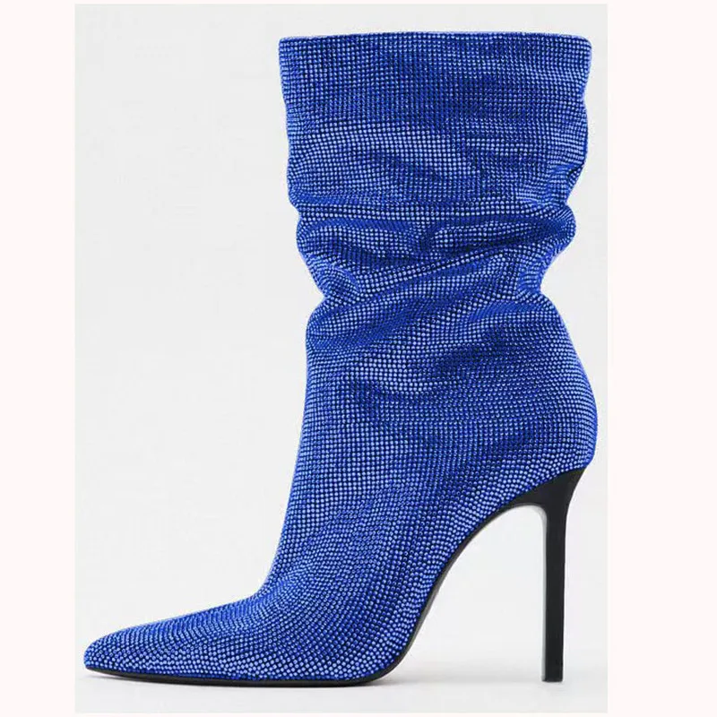 New Style Pointed Thin High-heeled Women's Boots Pleated Rhinestone Show Large Size Medium Boots Fashion Sleeve Short Boots