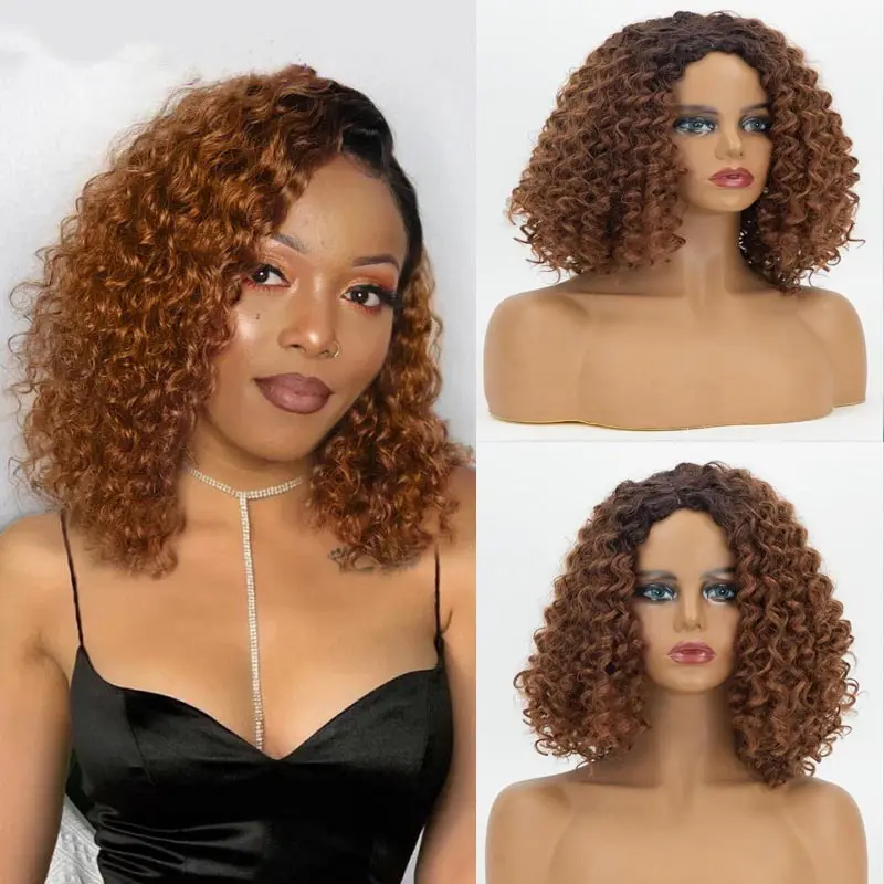 

Short Afro Kinky Curly Bob Hairstyle with Side Bangs Wig for Women Synthetic Ombre Brown Loose Deep Wavy Costume Party Wigs