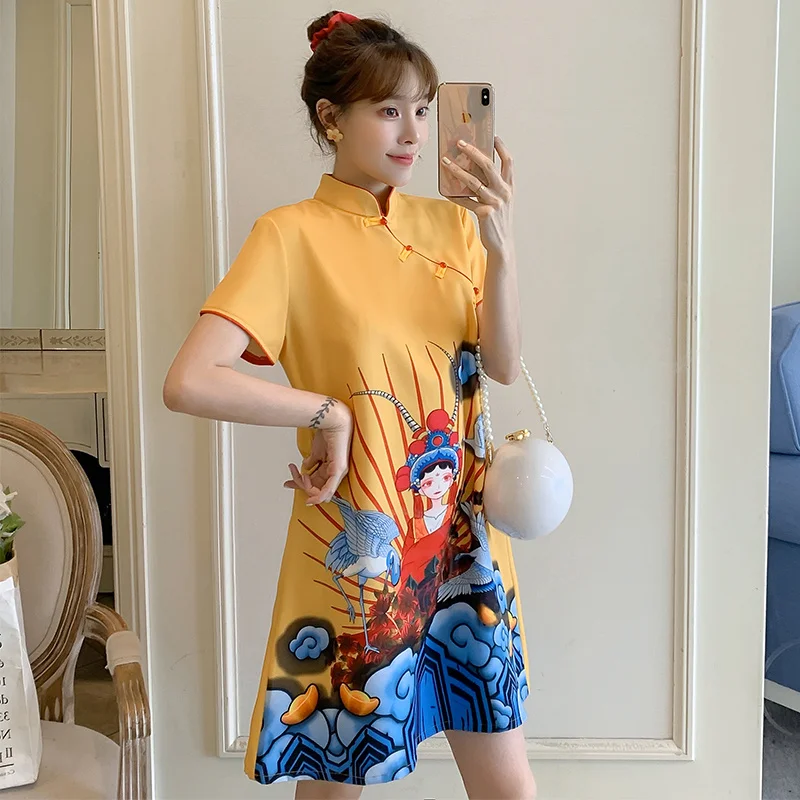 

Modern Fashion Cheongsam Women 2022 Peking Opera Comics Printed Girl Qipao National Style Vintage Loose Chinese Dress New