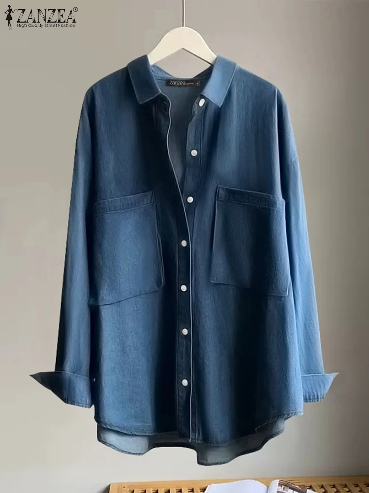 

ZANZEA Women Long Sleeve OL Work Wears Elegant Solid Blusas Femininas 2023 Denim Blue Shirts Stylish Lapel Neck Tops Chemise