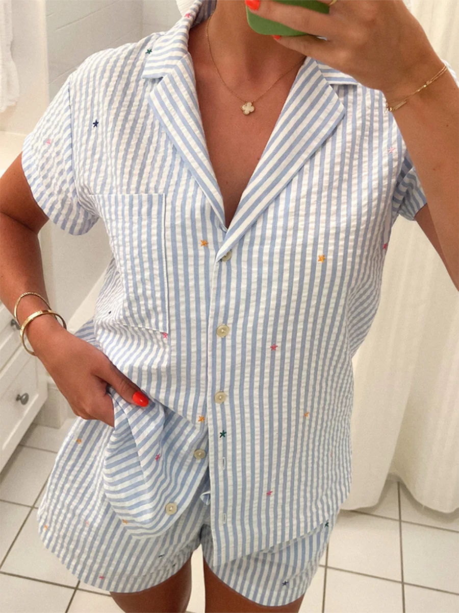 Женский милый пижамный комплект в полоску рубашка с коротким рукавом и