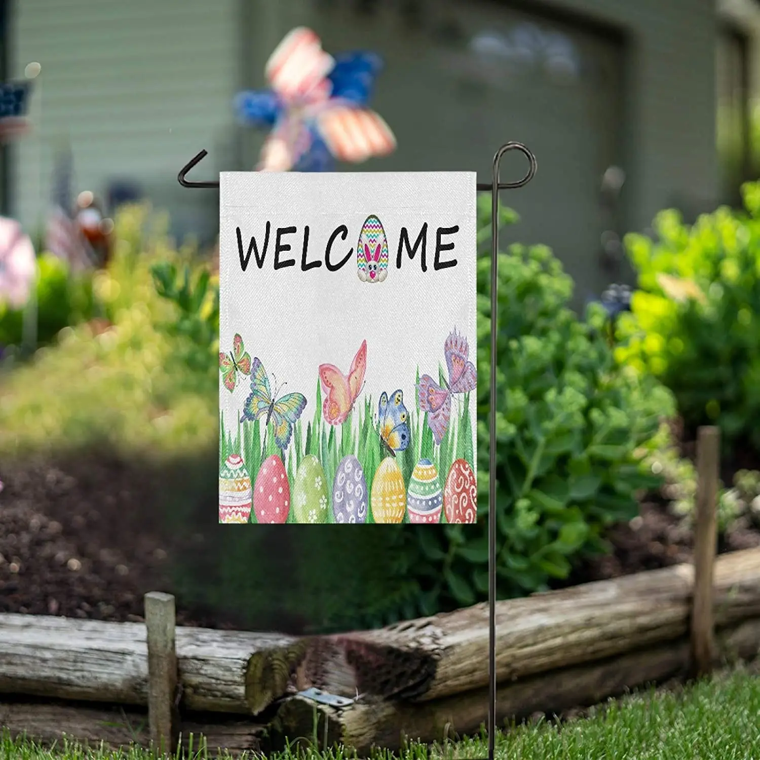 

Easter Egg Rabbit Burlap Garden Flag Double Sided,House Yard Flags,Holiday Seasonal Outdoor Decorative Flag Banner for Outside H