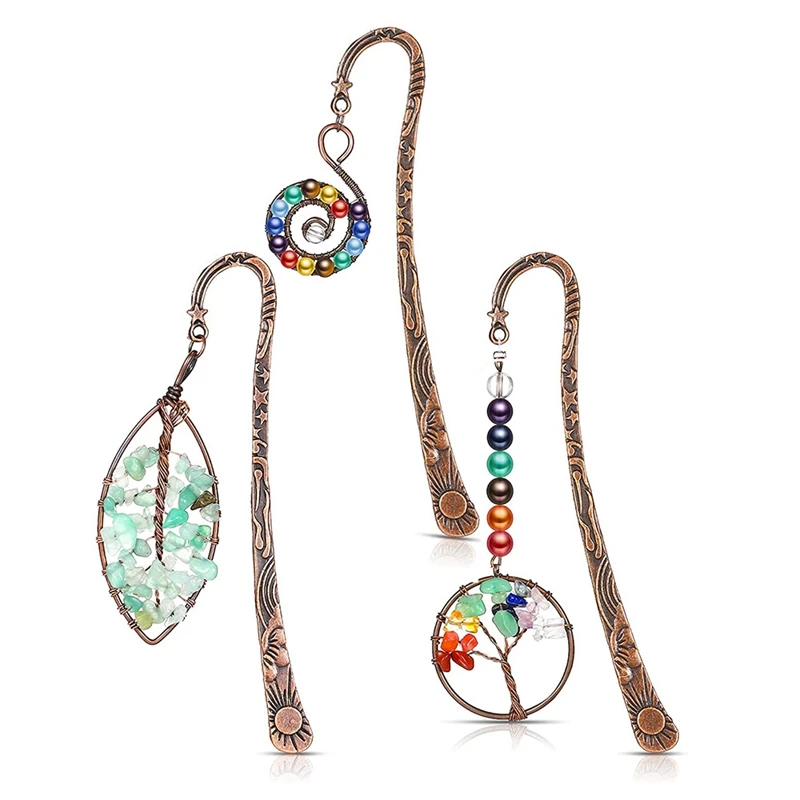 

3Pcs 7 Chakra Crystal Bookmark Antique Metal Bookmark Beading Bookmarks Tumbled Gemstones Book Markers For Student