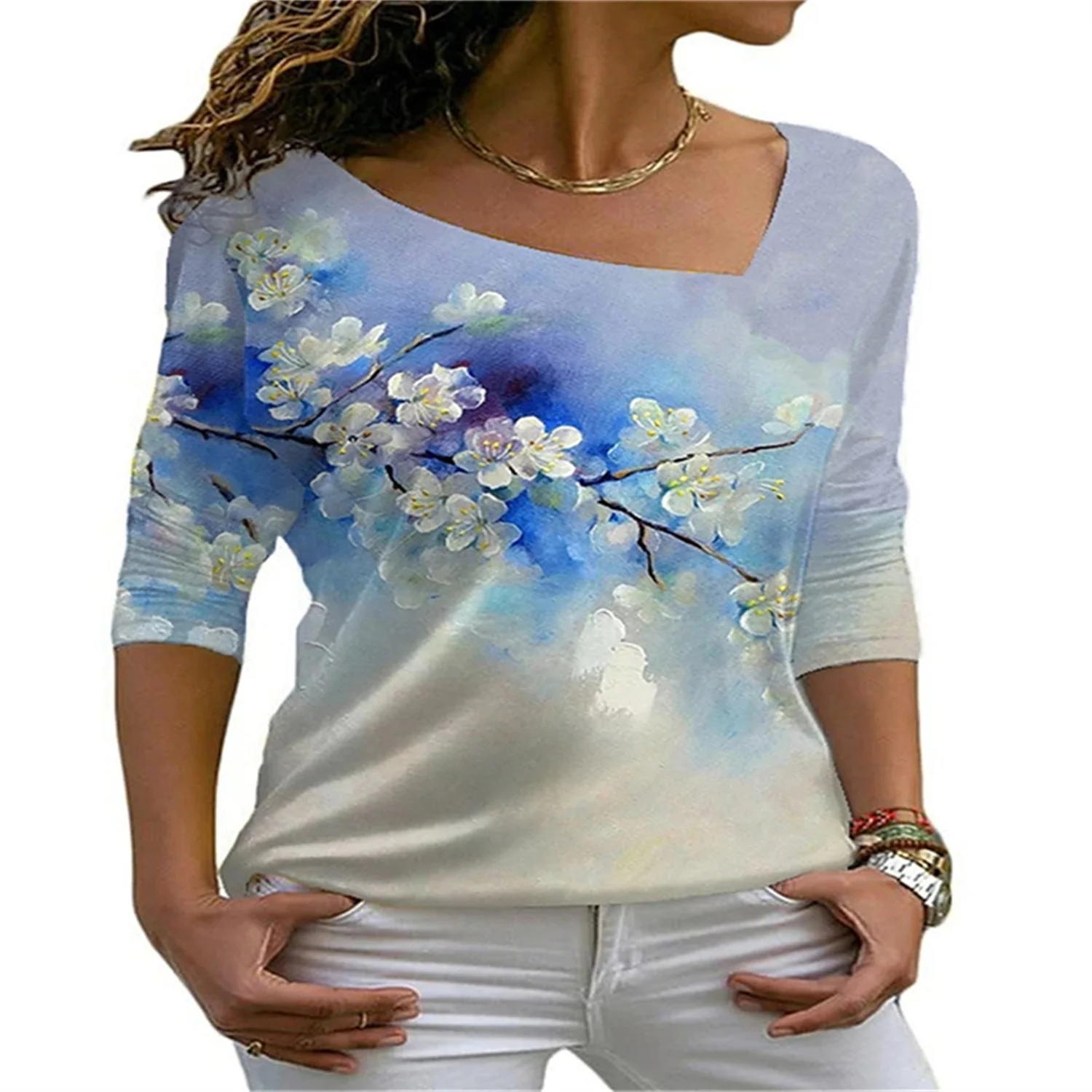 

Fashion Lady Slim Temperament Clothes Top Long-Sleeved Sublimation 3D Printing Flower Pattern Bottoming T-shirt Women's