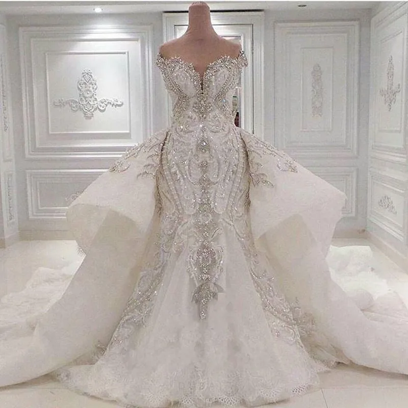 

Mermaid Crystal Luxury Wedding Dresses With Overskirts Lace Sparkle Rhinstone Bridal Gowns Dubai Vestidos De Novia Custom Made