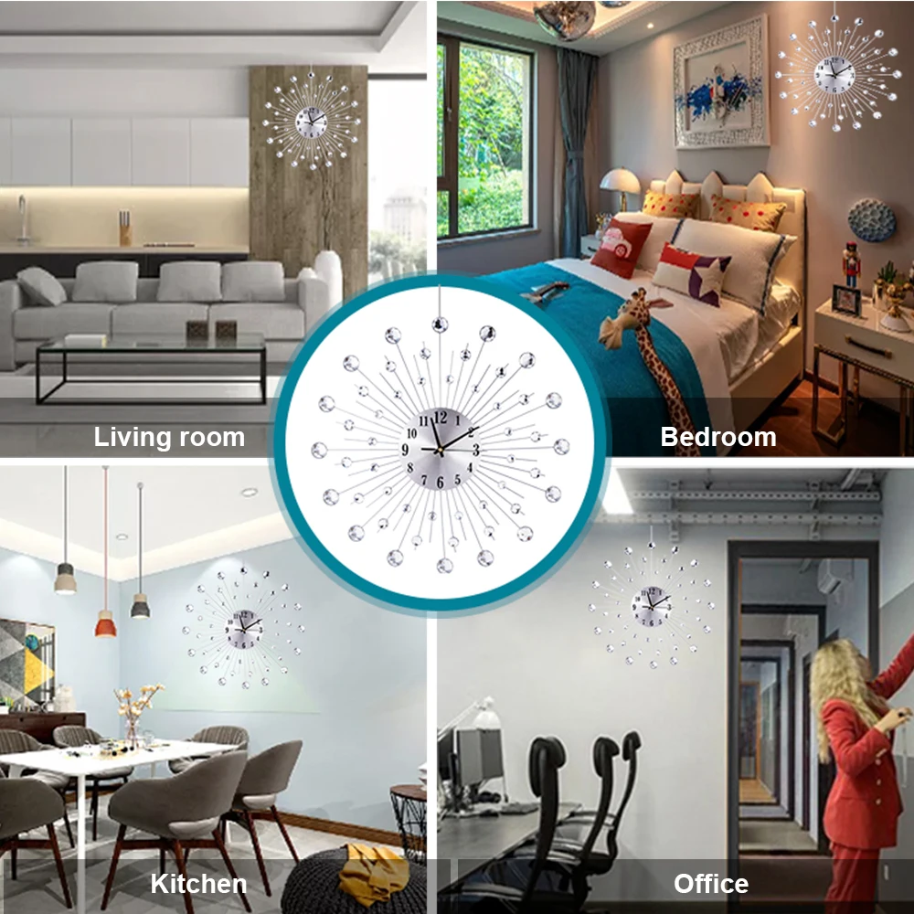 Круглые металлические настенные часы с кристаллами и бисером 38/50 см