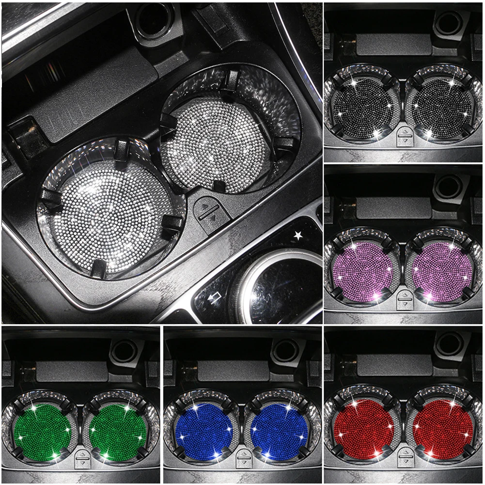 

2PCS Diamond Car Coaster Water Cup Slot Non-Slip Mat Rhinestones Bling Bottle Holder Pad Auto Interior Accessories for Woman