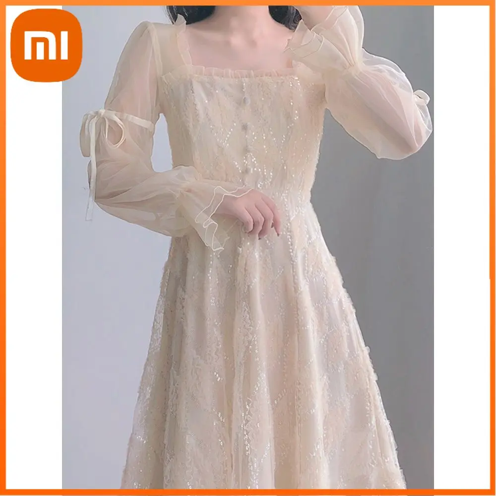 

Xiaomi Elegant Sequined Fairy Dress Women Patchwork Lace Design Party Dresses Female Casual Vintage Long Sleeve Princess Dress