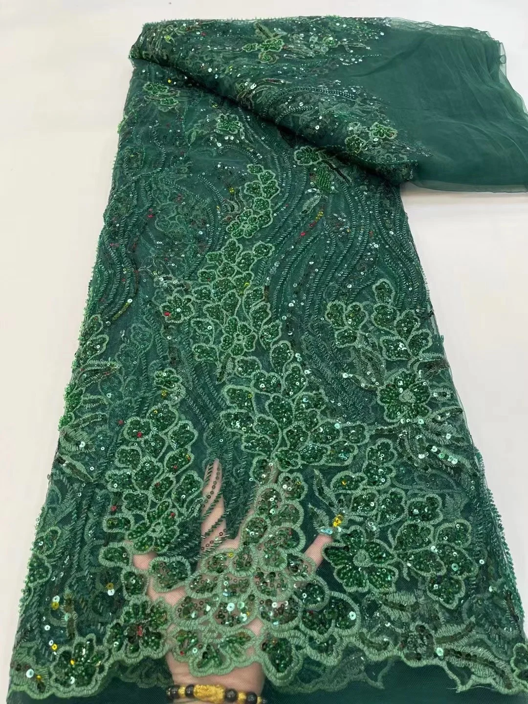 

Green African High-end Mesh Beaded Lace Fabric 2023 High Quality French Net Tulle Lace Fabrics Nigerian Wine Handmade Lace