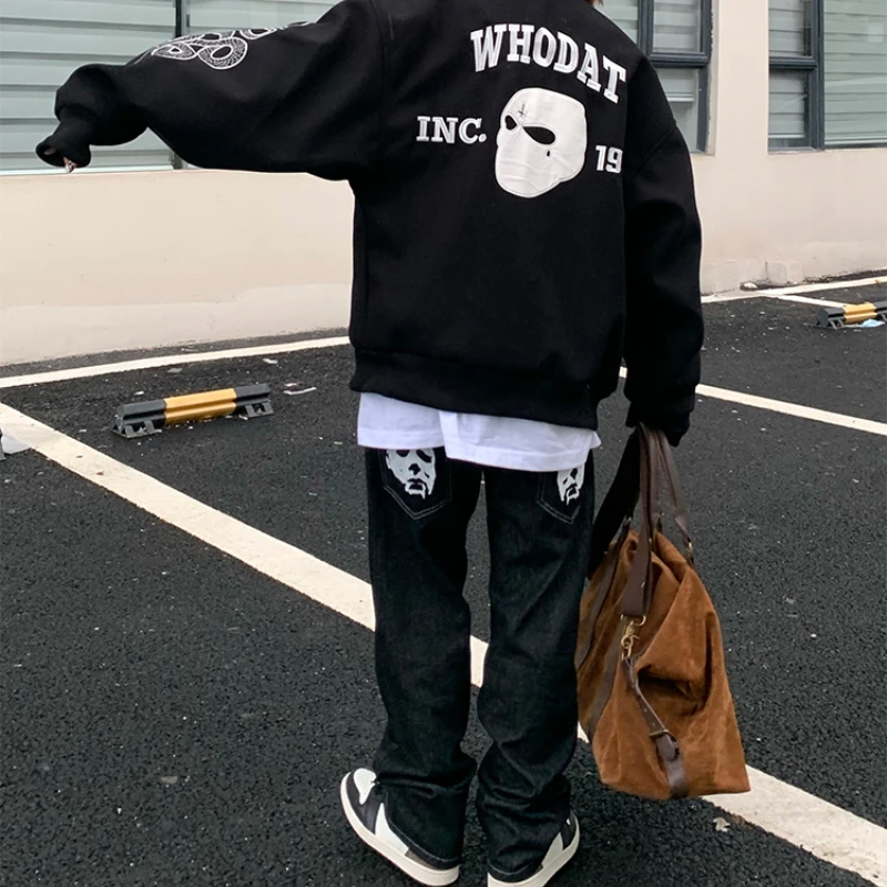 American Street Vintage High Printed Jeans Straight Leg Loose Hiphop Skeleton Pants Jeans For Men