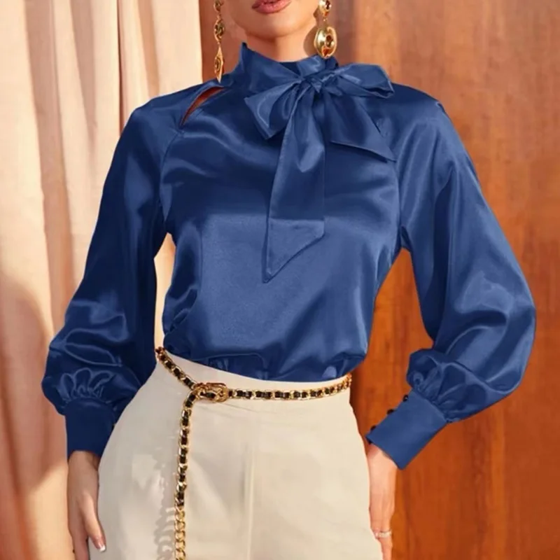 

Women Satin Blouse and Tops Office Lady Shirt New Fashion Elegant Bow Collar Solid Shirt Sleeve Long Sleeve Blouse Clothes 27135