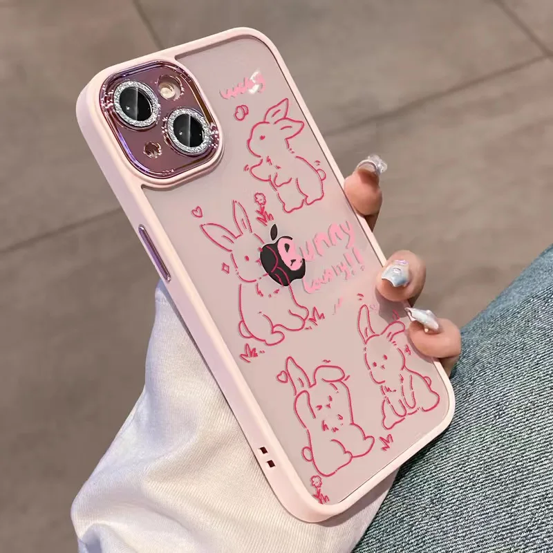 

Simple Line Rabbit Funny Phone Cases For iPhone 14 13 12 11 Pro Max Girl Jelly Pink Bunny Cute Clear Lens Protection Cover