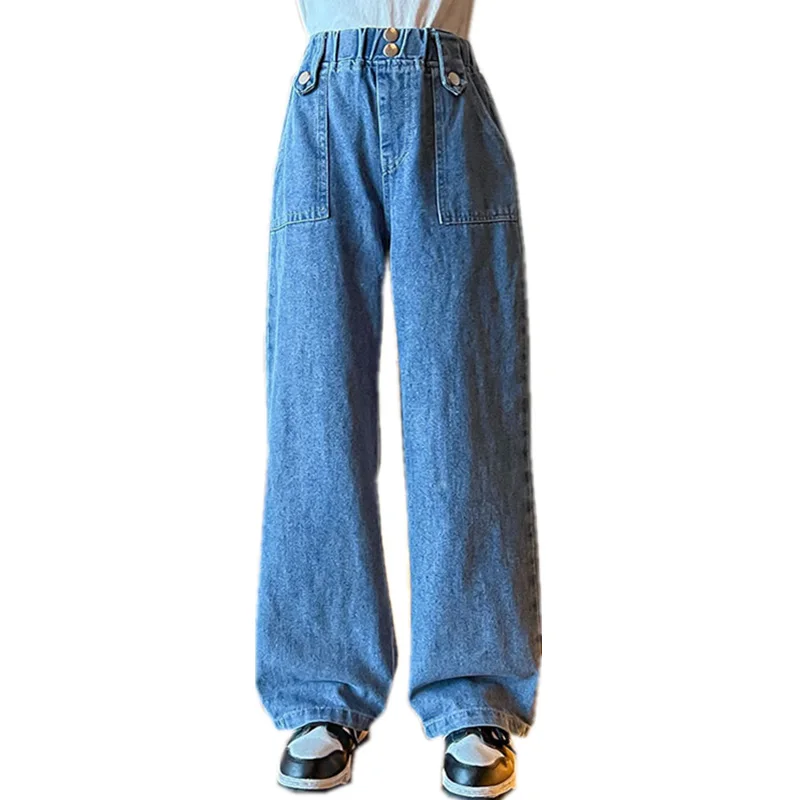 

Wide Leg Jeans for Girls Spring 2022 New Kids Straight Denim Pants With Buttons Loose Fashion Teenage Children's Causal Trousers