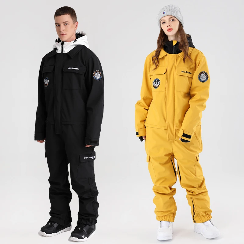 Outdoor One Piece Men Snow Suits Hooded Windproof Man Ski Jumpsuit Tracksuits Waterproof Male Snowboard Overalls Outfits Clothes