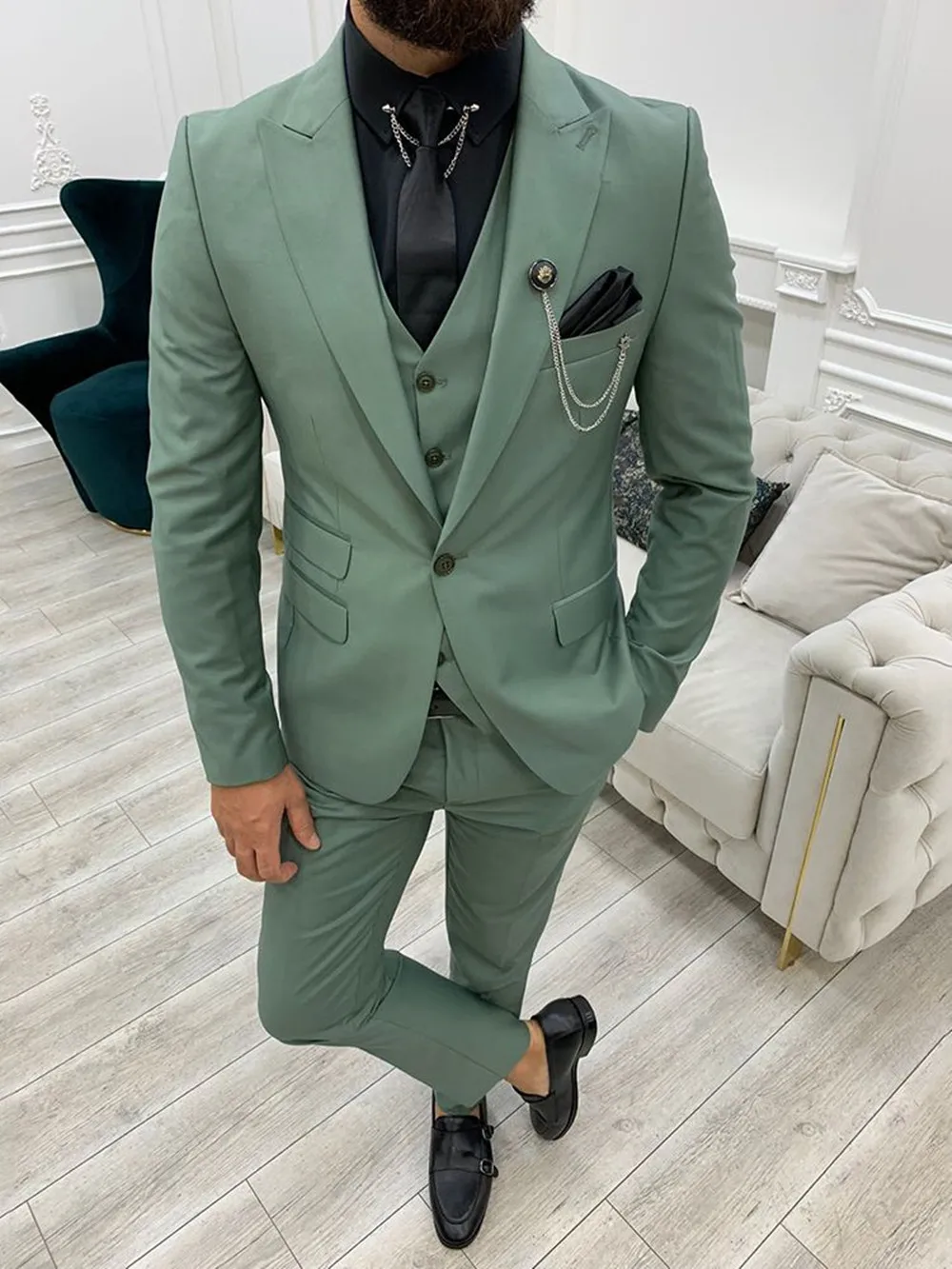 

2022 New Men Suit Slim Fit Wedding Groom Wear Peak Lapel One Button Business Suit Male Blazer (Jacket+Pant+Vest) Costume Homme