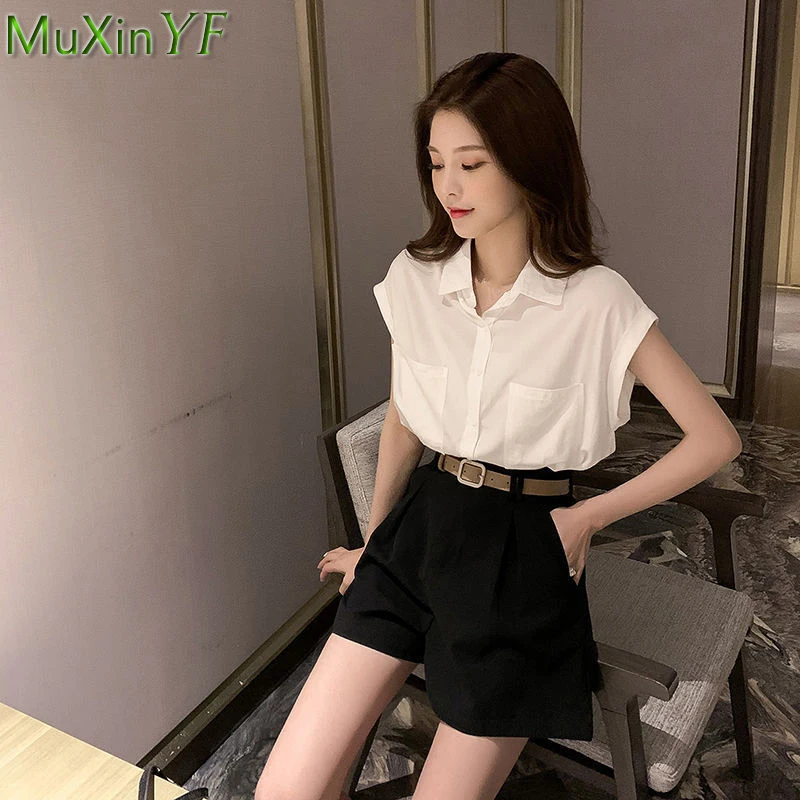 

2022 Summer Women's Clothing Two Pieces Shorts Set Korean Lady Graceful White Shirt High Waist Pants Suit Fashion Polo Blouse
