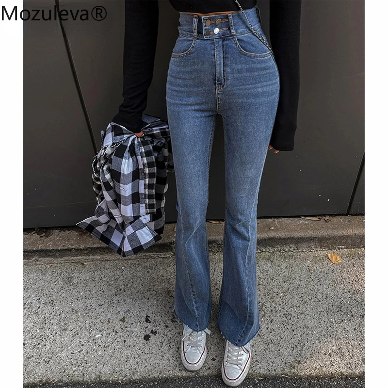 

Mozuleva Chic Stylish High Waist Buttons Ladies Solid Denim Trousers 2022 Spring Fashion Slim Pockets Women Flare Jeans Pants