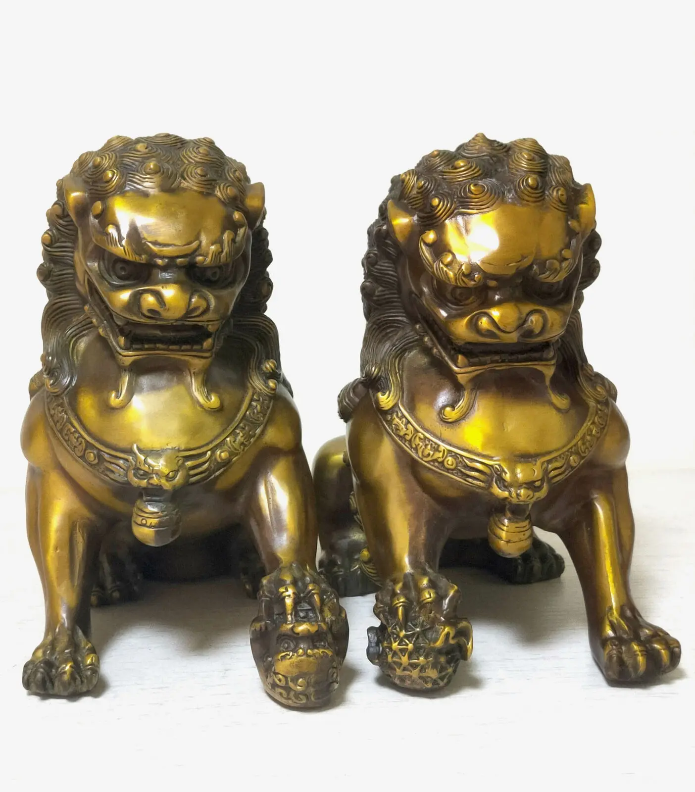 

8" Auspiciou Pair Old Bronze Lion Foo Dog Statue fengshui Wealth Lions Statues