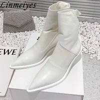 New Arrival Kitten Heel Ankle Boots Women Black White Modern Boots Leather Patchwork Stretch Boots Woman Runway Shoes Women