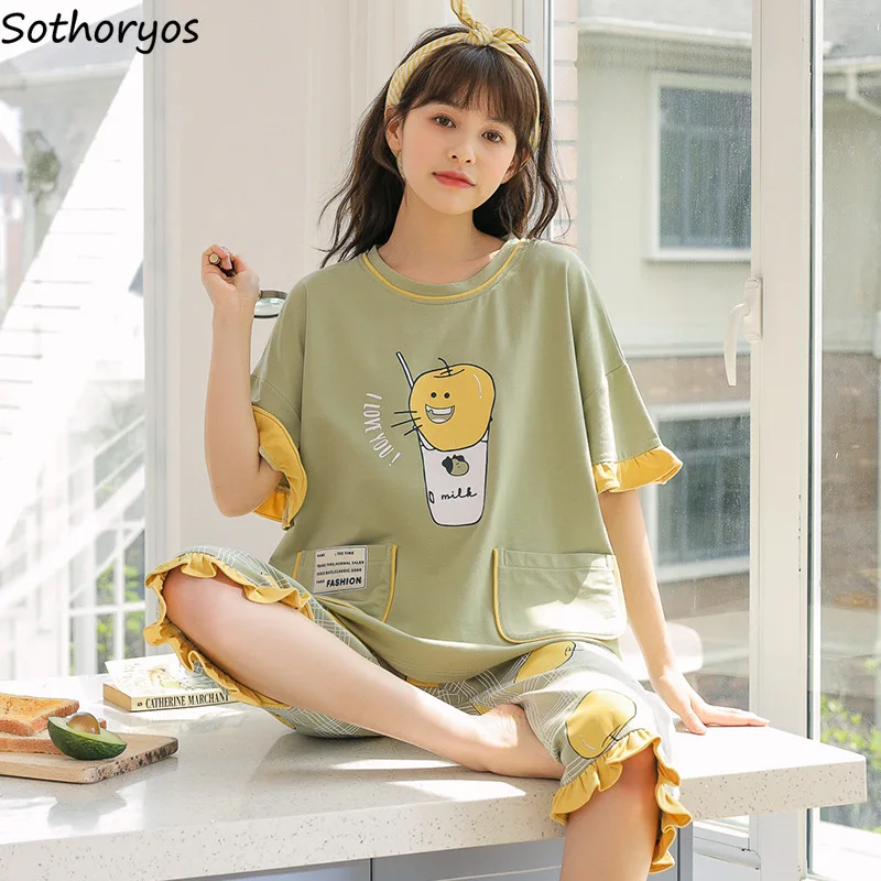 

Pajama Sets Women Ruffles Calf-length Cartoon Cute Homewear Korean Style Lightweight Loose Casual Students O-neck Elastic Waist