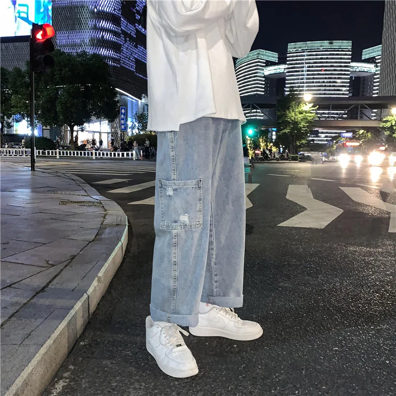 DEEPTOWN Loose Cargo Jeans Men Solid Vintage Denim Pants Casual Streetwear Japanese Straight Trousers Male Fashion Pocket Spring