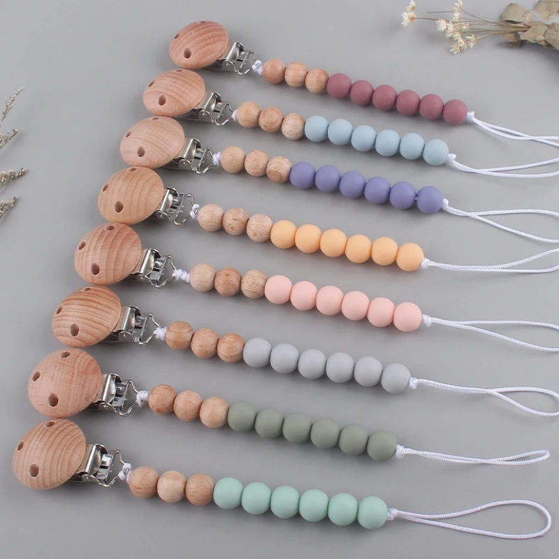 

Wooden Baby Anti-drop Chain Pacifier Clips Silicone Beads Infant Nipple Appease Soother Chain Clips Dummy Holder Nipple Clip