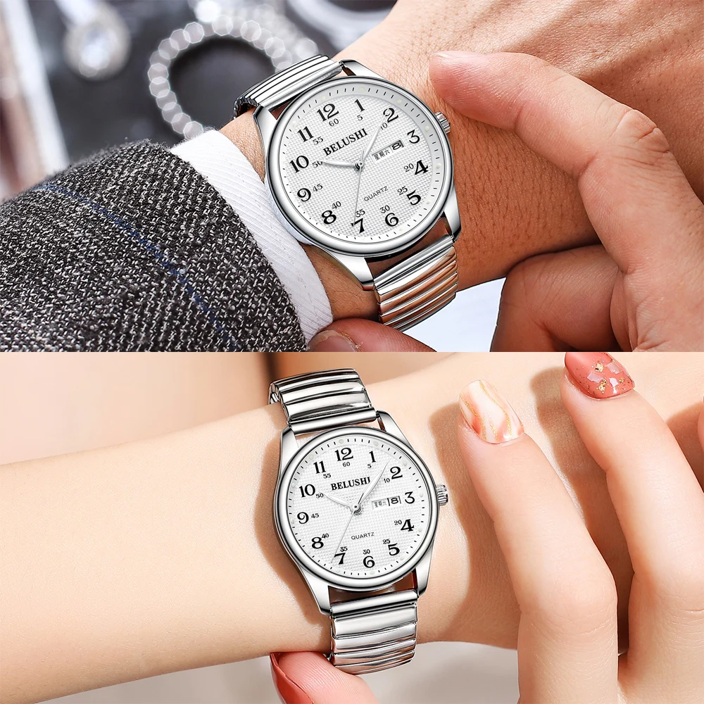 Quartz Watch For Men Women Large Digital Dial Silver Stainless Steel Fashion Elegant His Hers Watch Sets Gifts Items For Parents