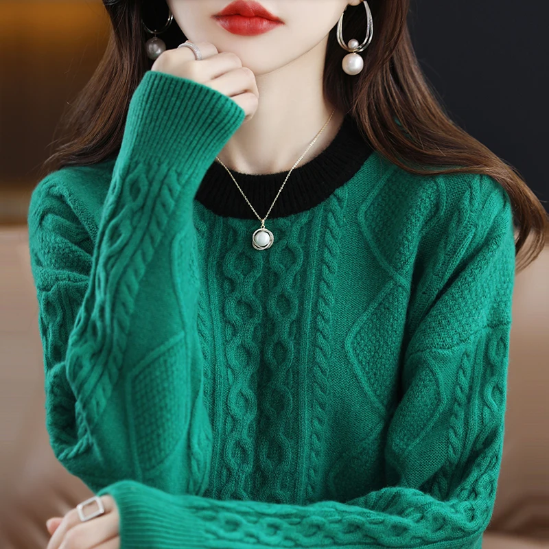 100 pure wool high-end autumn and winter new cable round neck sweater women's color matching pullover loose diamond twisted bott images - 6