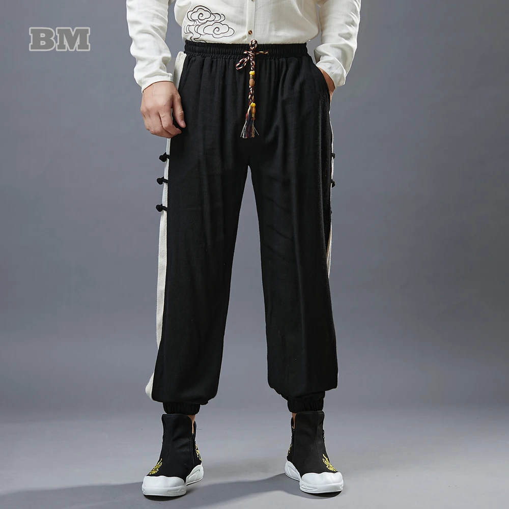 Chinoiserie Side Patchwork Linen Track Pants Men Clothing Vintage Oversized Joggers Ethnic Sweatpants Casual Trousers Male