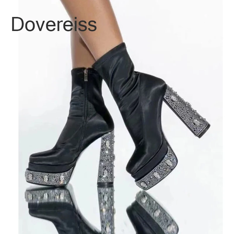 

Dovereiss 2022 Elegant Medium Heel Women Fashion Winter Goth Platform Zipper Pure Color Ankle Boots Block Heels New 40 41 42 43