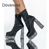 dovereiss 2022 elegant medium heel women fashion winter goth platform zipper pure color ankle boots block heels new 40 41 42 43