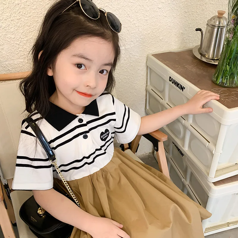 

Mi Do Do 2022 Summer Girls Preppy Style Polo Callar Dress Children Casual Short-Sleeve Stripe Patchwork Dress Kids Cotton Dress