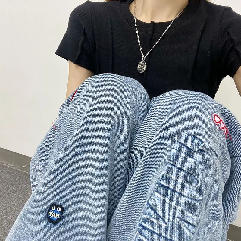 

Прямые свободные джинсовые брюки с высокой талией, женские уличные широкие джинсы с вышивкой сердца, корейские брюки с надписью Y2k, повседневные брюки в стиле Харадзюку