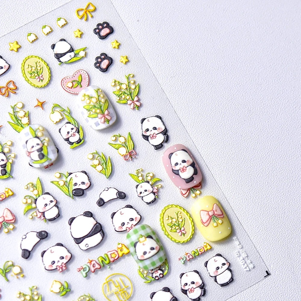 

Cute Panda Bunny Frog Green Flower Cartoon Star Colored 5D Soft Embossed Relief Self Adhesive Nail Art Sticker 3D Manicure Decal