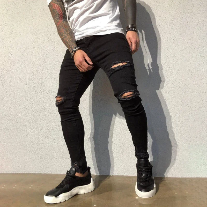 Denim New Street Men's Ripped Jeans High Street Personality Design Fashion Slim Men's Jeans