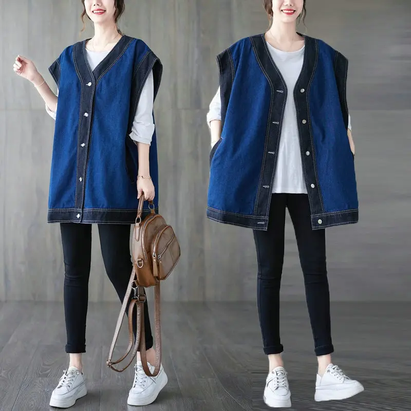 

Женский Свободный жилет большого размера, повседневный жилет из денима без рукавов, с цветной блокировкой, модная осенняя куртка, T193, 2022