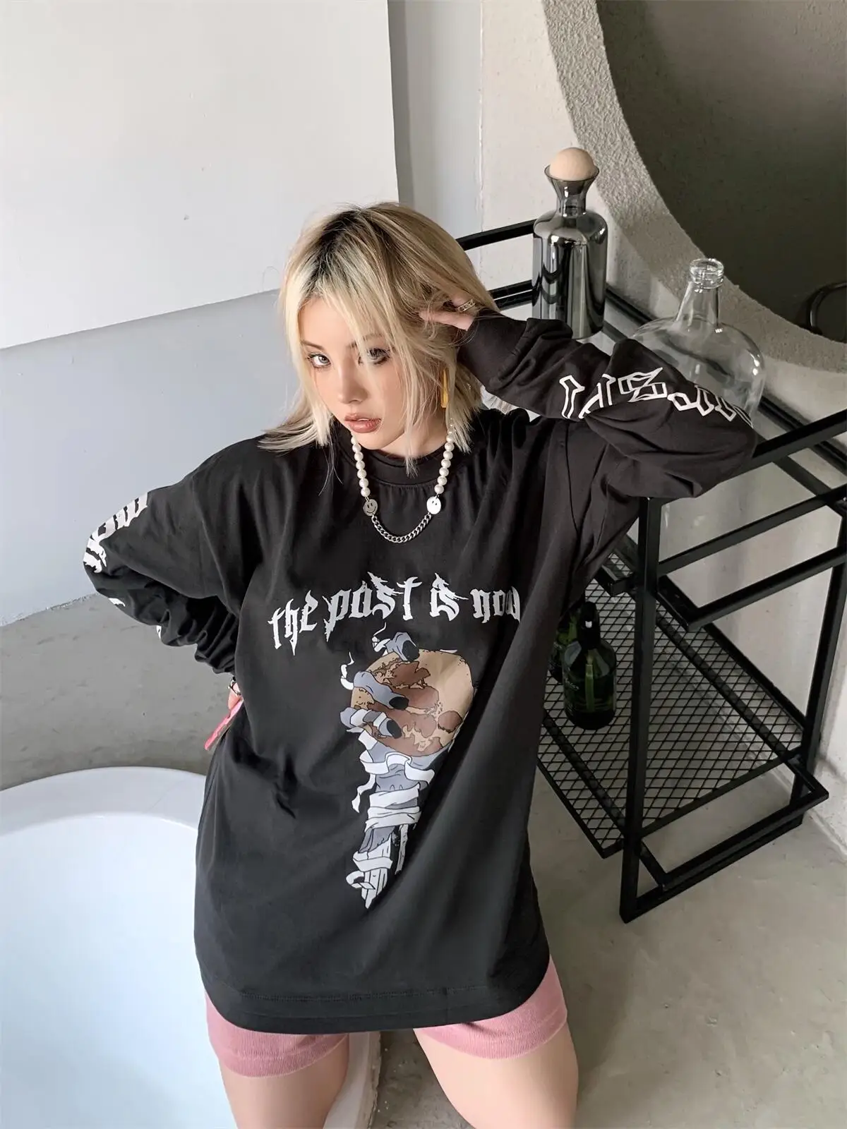 

Tide brand long-sleeved T-shirt skull cross high street retro old American casual loose bottoming shirt unisex