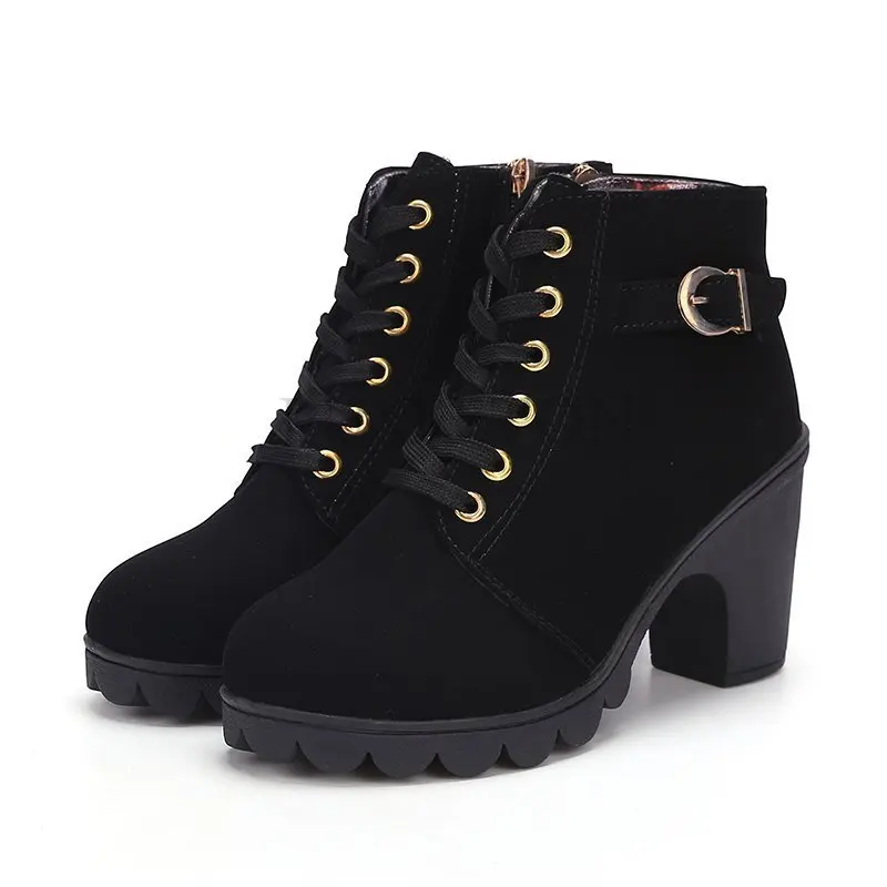 

Women Winter Low Barrel Snow Thick Leather Boots Pointed Head Lace Black Single Fashion New Style Square Heel 2022 Shoes