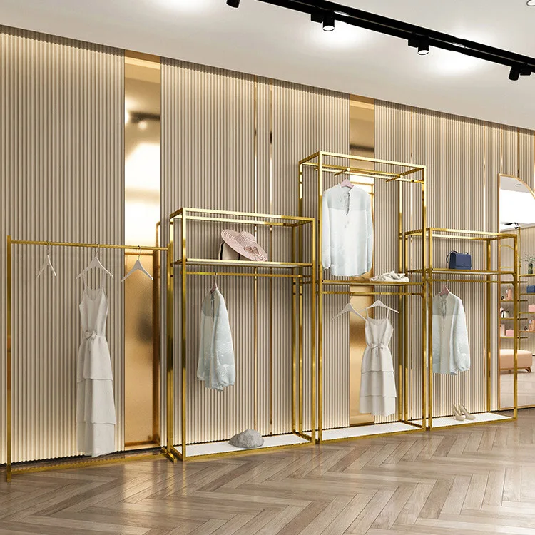 

Индивидуальные витрины для одежды из нержавеющей стали, женские витрины для одежды, металлические Розничные бутиковые золотые вешалки для одежды
