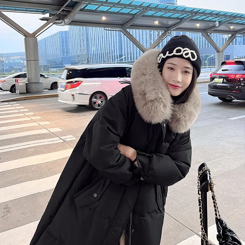 Winter New Fashion Mid Long Down Cotton Coat Women Big Fur Collar Hooded Loose Thicken Warm Padded Jacket Female Clothing Parkas