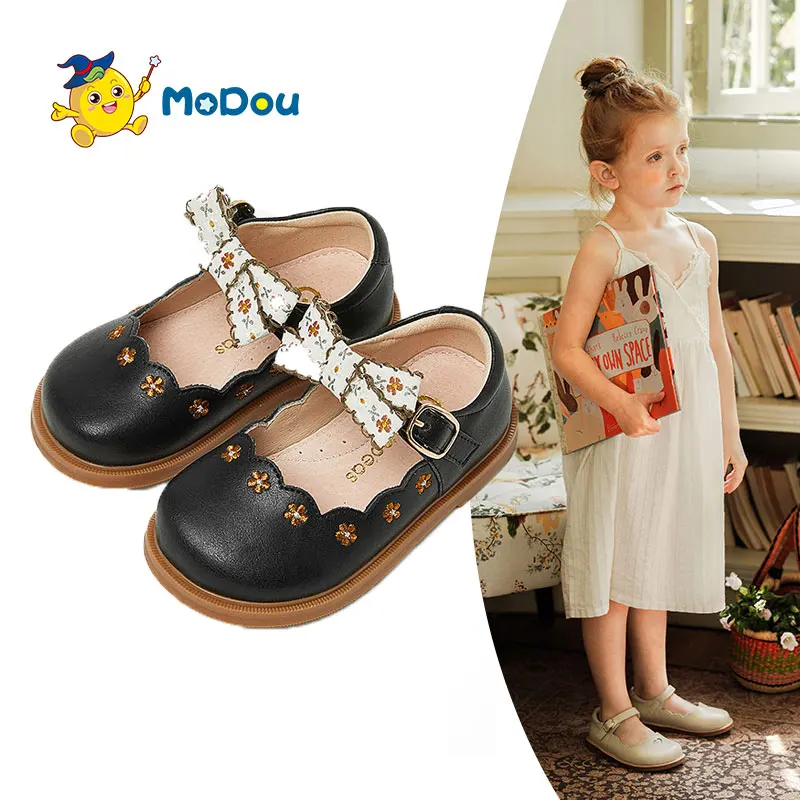

Mo Dou Girl's Genuine Leather Shoes Soft Non-slip Sweet Retro Bowknot Breathable Cozy Wearable Western Style Light Small Shoes
