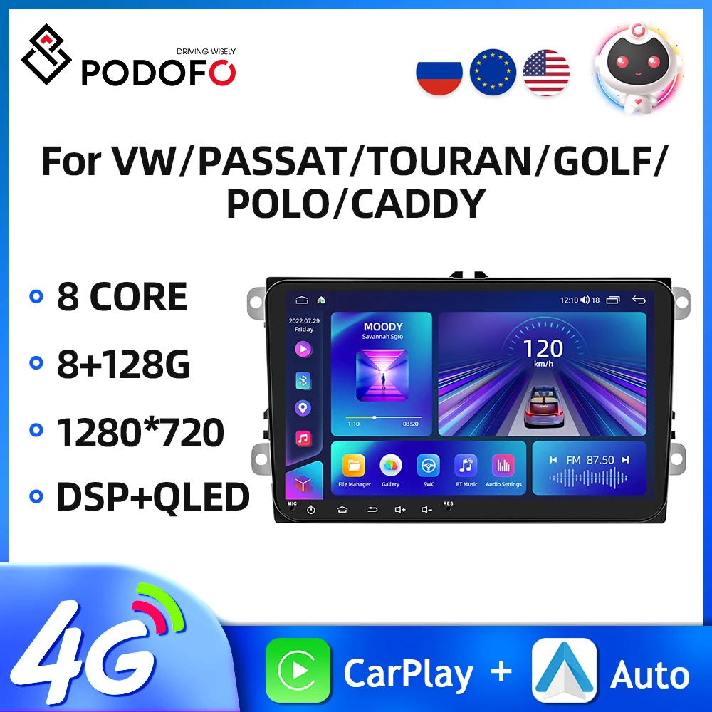 Автомагнитола Podofo 9 'для VW/PASSAT/TOURAN/GOLF/POLO/CADDY, мультимедийный плеер Carplay с голосовым ии, 4 + 64 ГБ, Wi-Fi, GPS, автомобильная аудиосистема