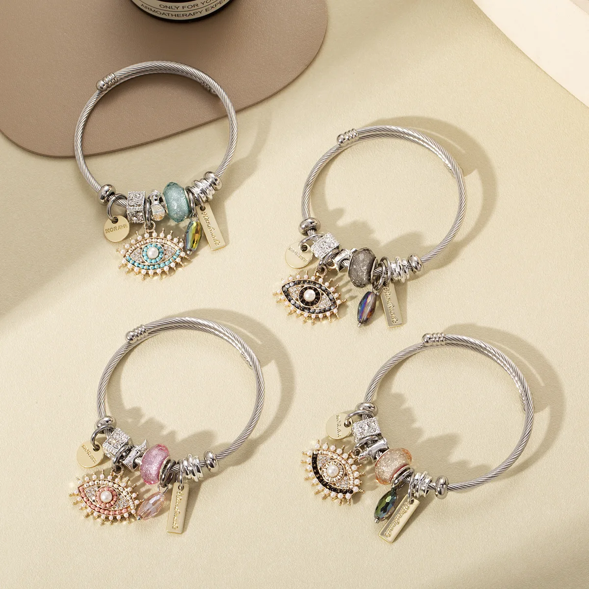 

Adjustable Stainless Steel Evil Eye Crystal Bracelet Rhinestone Letter Tag Open Cuff Wire Bangle DIY Jewelry for Women Girls